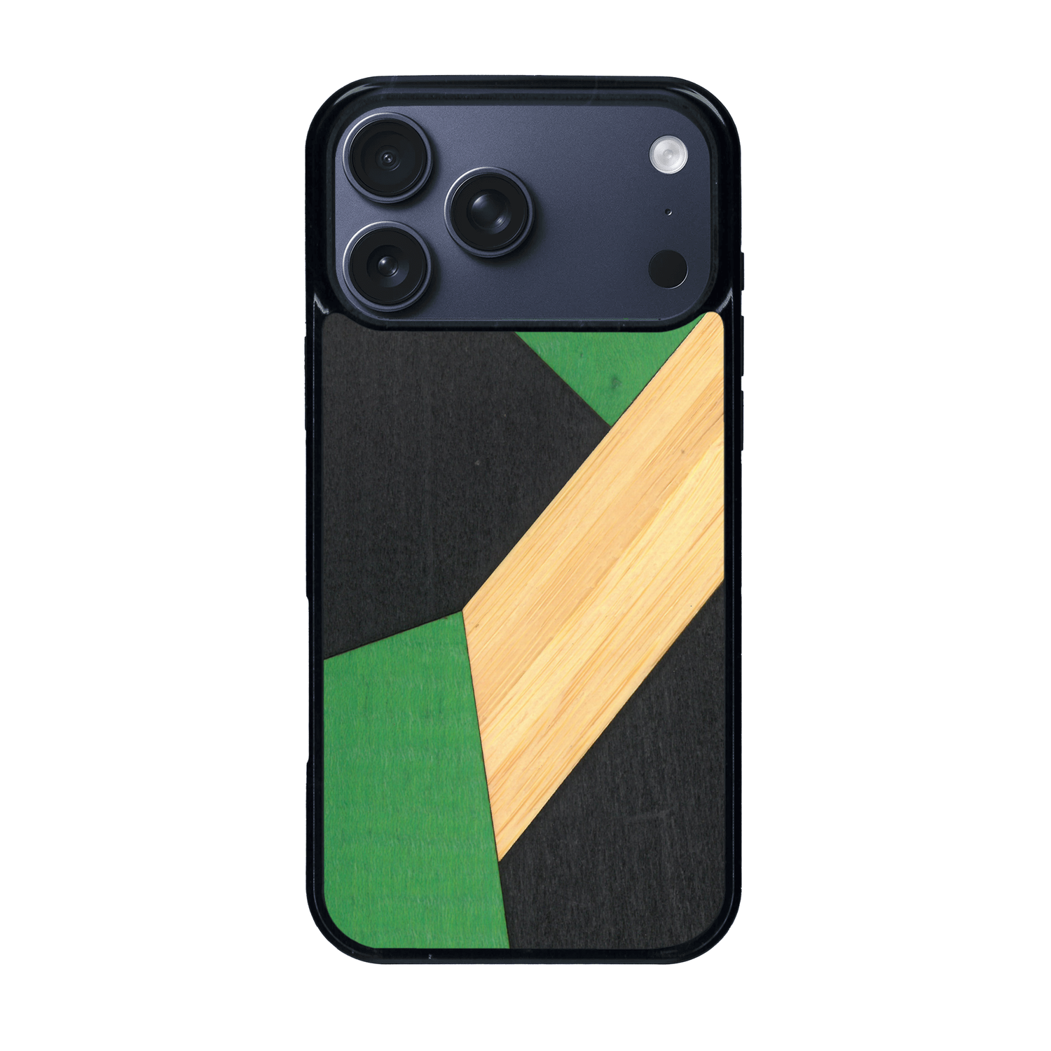 Coque de protection en bois véritable fabriquée en France pour iPhone 17 Pro Max alliant du bambou, du tulipier vert et noir en forme de mosaïque minimaliste sur le thème de l'art abstrait