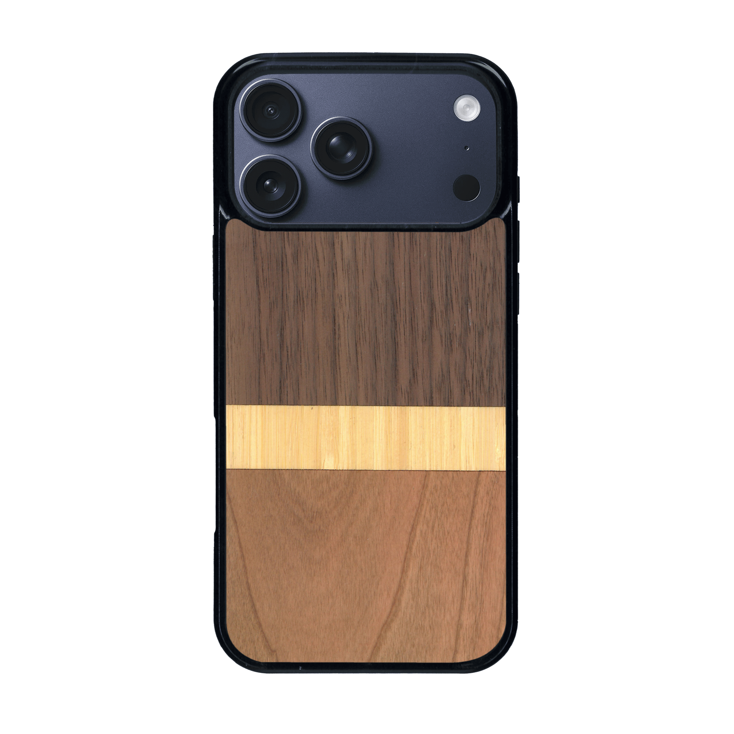 Coque de protection en bois véritable fabriquée en France pour iPhone 17 Pro Max alliant des bandes horizontales de bambou, merisier et noyer