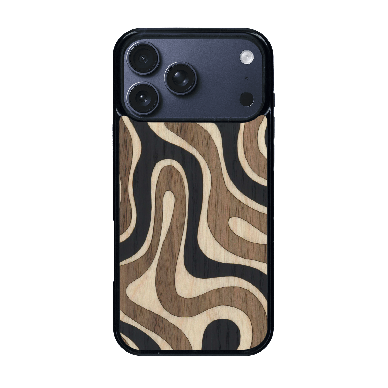 Coque de protection en bois véritable fabriquée en France pour iPhone 17 Pro Max alliant plusieurs essences de bois pour représenter une ondulation