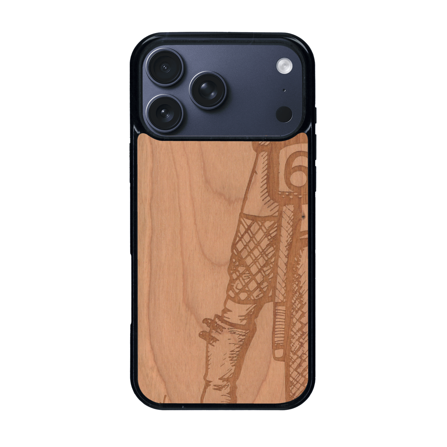 Coque de protection en bois véritable fabriquée en France pour iPhone 17 Pro Max représentant une vue de face d'une femme sur une moto vintage dessinée à la main par l'artiste Maud Dabs