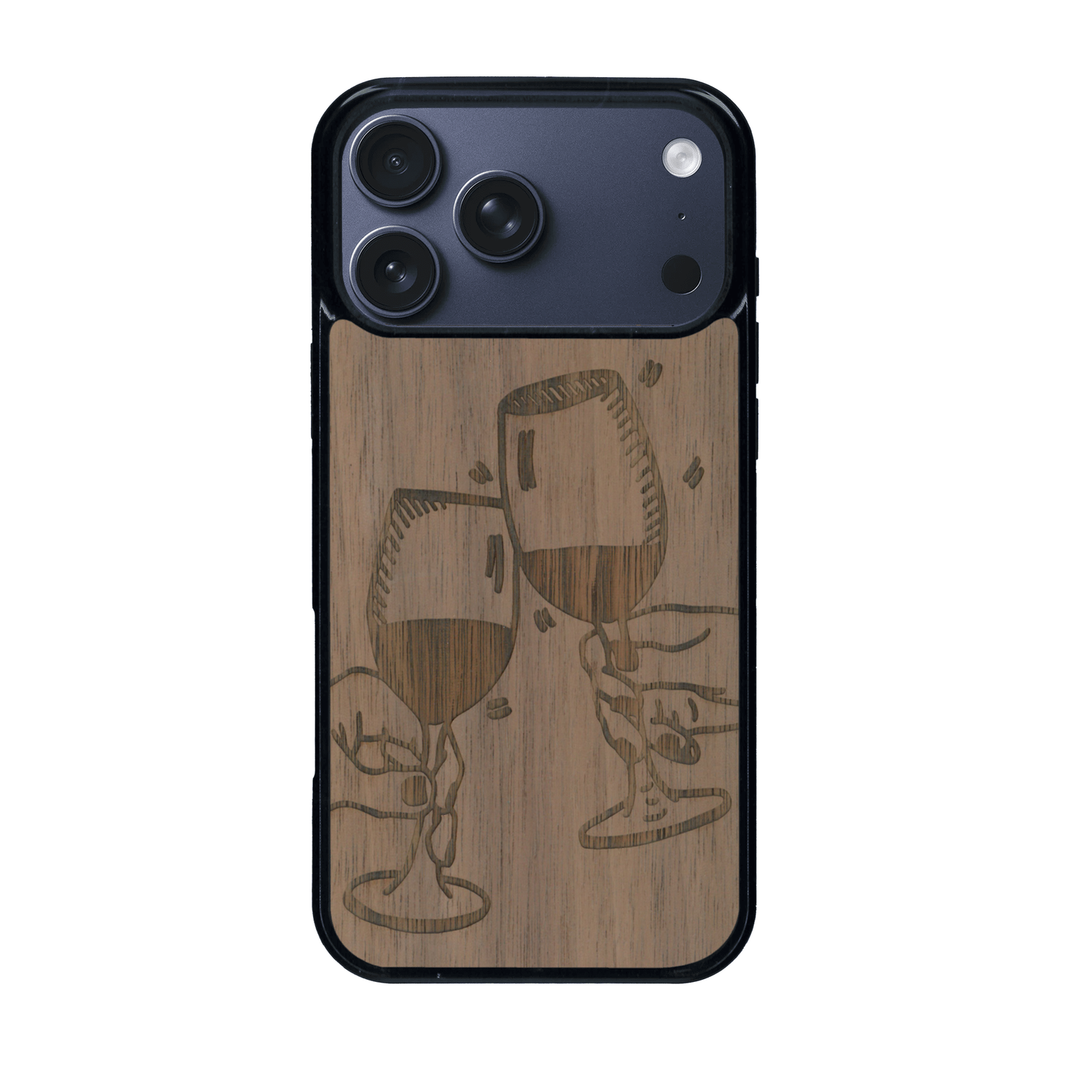 Coque de protection en bois véritable fabriquée en France pour iPhone 17 Pro Max représentant une vue de face d'une flute de champagne dessinée à la main par l'artiste Maud Dabs