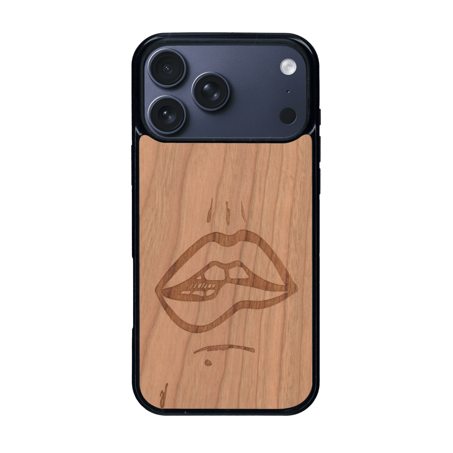Coque de protection en bois véritable fabriquée en France pour iPhone 17 Pro Max représentant de manière minimaliste une bouche de féminine se mordant le coin de la lèvre de manière sensuelle dessinée à la main par l'artiste Maud Dabs