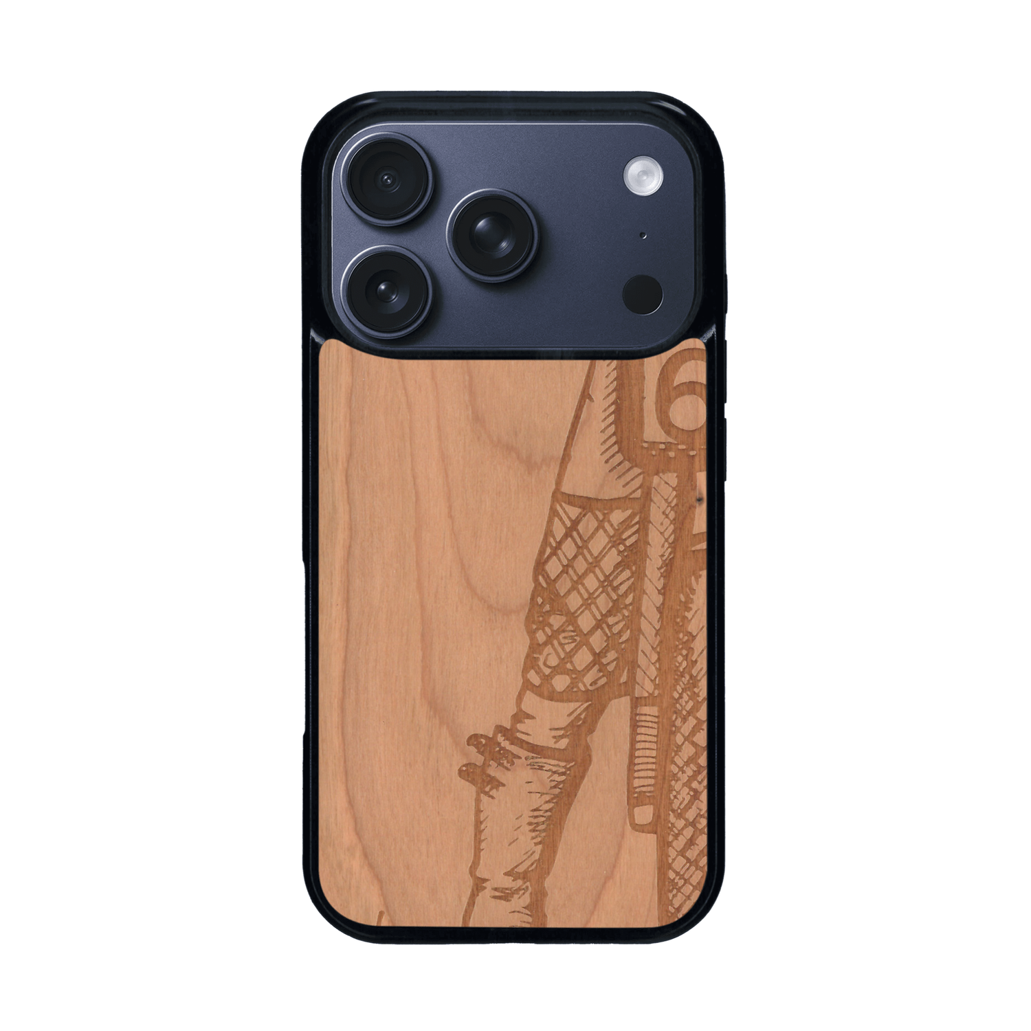 Coque de protection en bois véritable fabriquée en France pour iPhone 17 Pro représentant une vue de face d'une femme sur une moto vintage dessinée à la main par l'artiste Maud Dabs