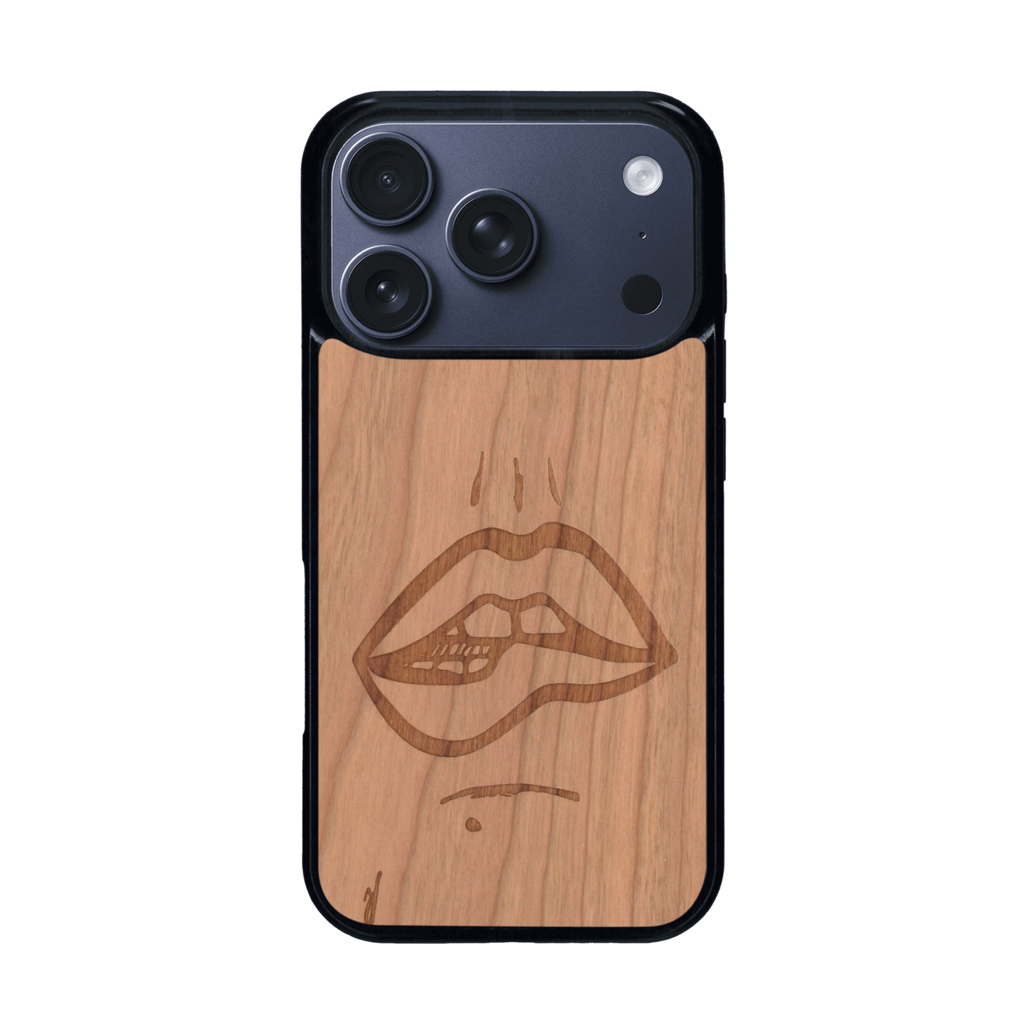 Coque de protection en bois véritable fabriquée en France pour iPhone 17 Pro représentant de manière minimaliste une bouche de féminine se mordant le coin de la lèvre de manière sensuelle dessinée à la main par l'artiste Maud Dabs