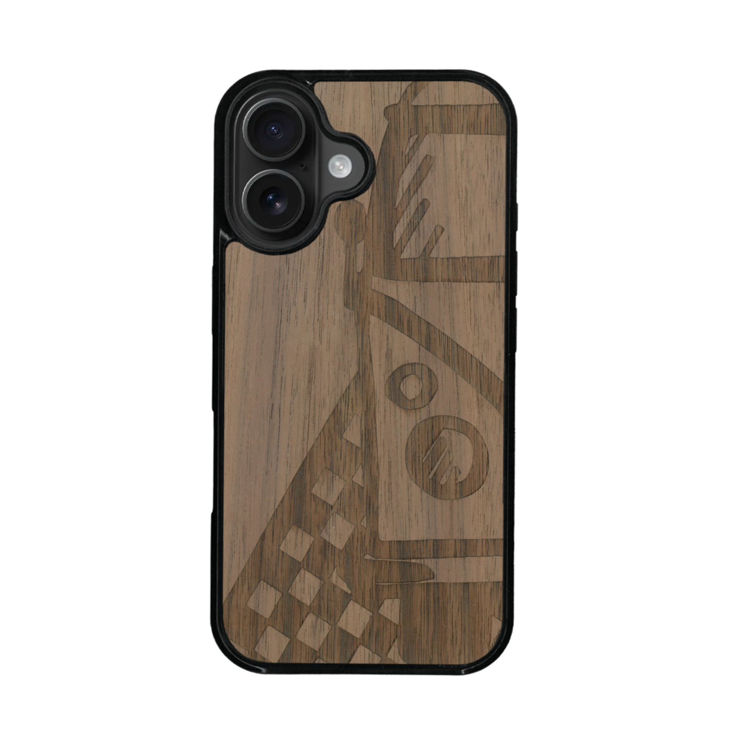 Coque de protection en bois véritable fabriquée en France pour iPhone 17 sur le thème du voyage avec un van combi