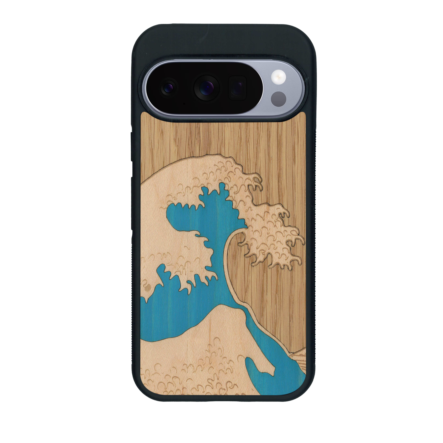 Coque de protection en bois véritable fabriquée en France pour Google Pixel 10 alliant plusieurs essences de bois pour représenter la célèbre grande vague de Kanagawa