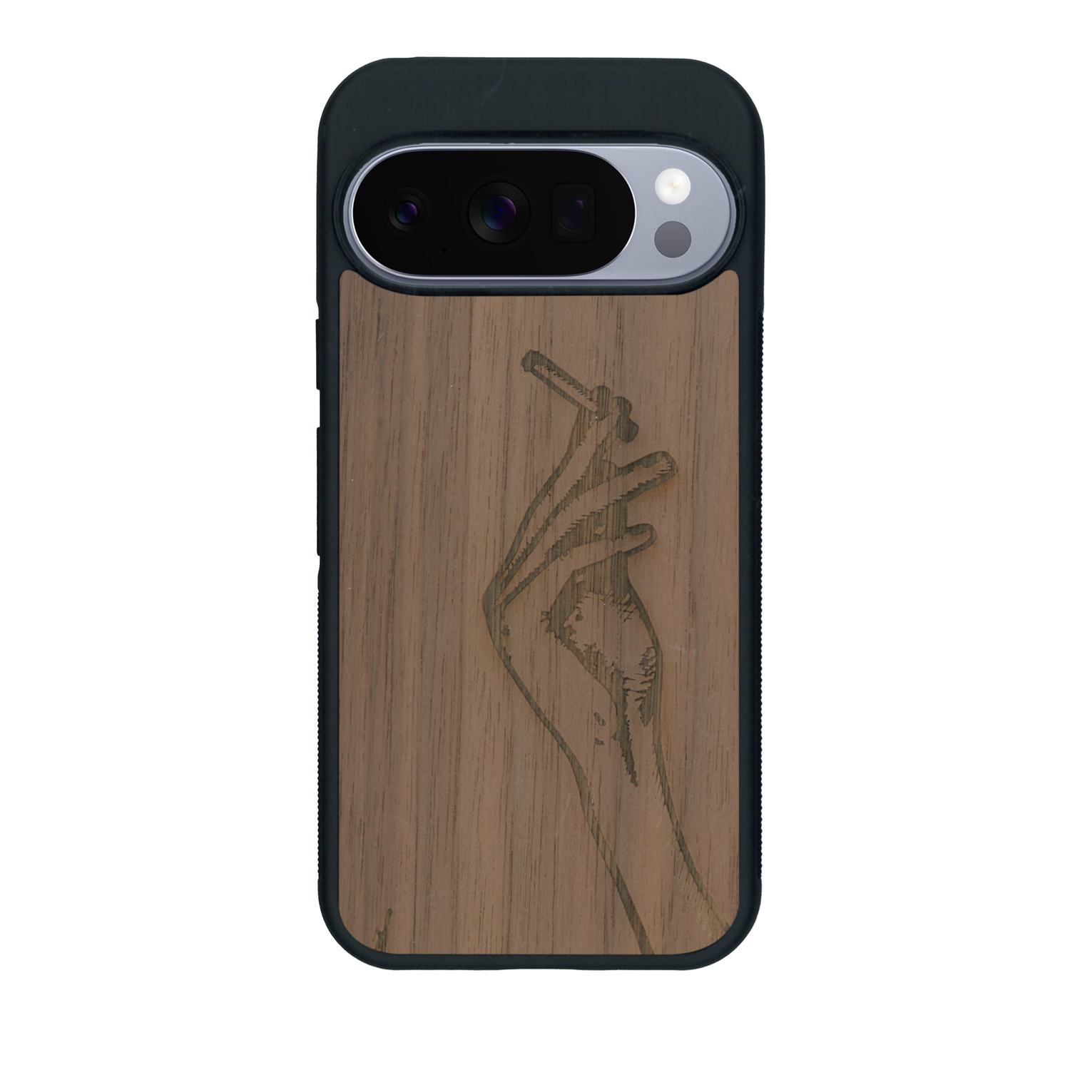 Coque de protection en bois véritable fabriquée en France pour Google Pixel 10 représentant une main de femme tenant une cigarette de type line art en collaboration avec l'artiste Maud Dabs