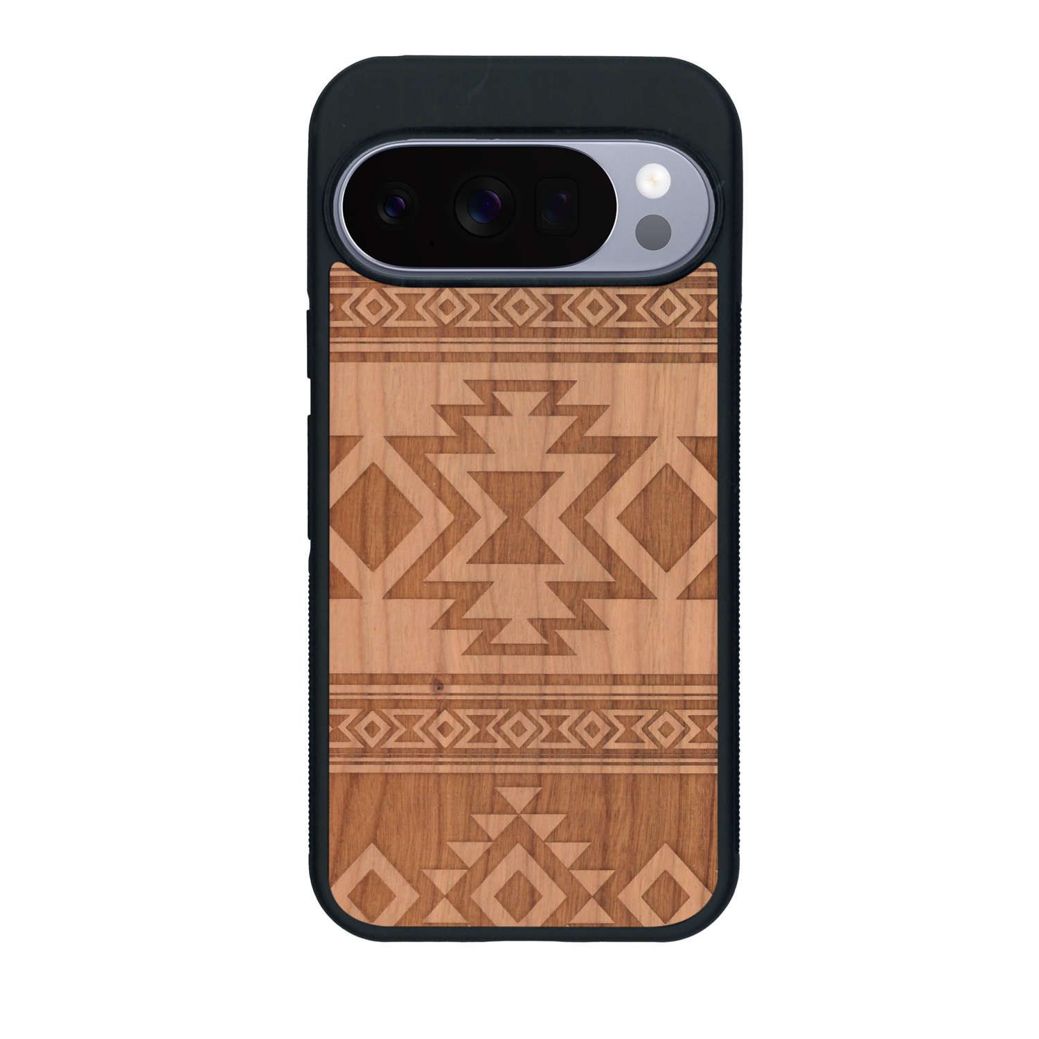 Coque de protection en bois véritable fabriquée en France pour Google Pixel 10 avec des motifs géométriques s'inspirant des temples aztèques, mayas et incas