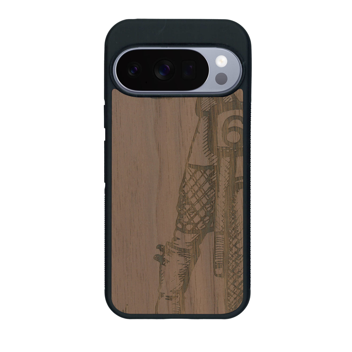Coque de protection en bois véritable fabriquée en France pour Google Pixel 10 représentant une vue de face d'une femme sur une moto vintage dessinée à la main par l'artiste Maud Dabs