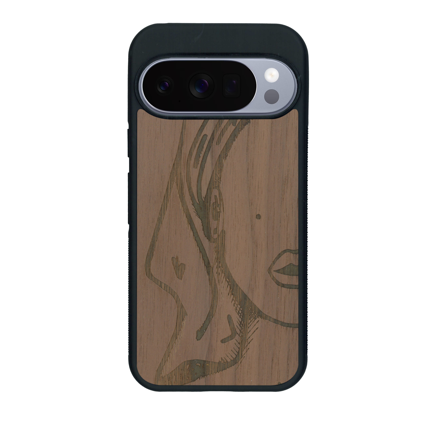 Coque de protection en bois véritable fabriquée en France pour Google Pixel 10 Pro représentant une silhouette féminine épurée de type line art en collaboration avec l'artiste Maud Dabs