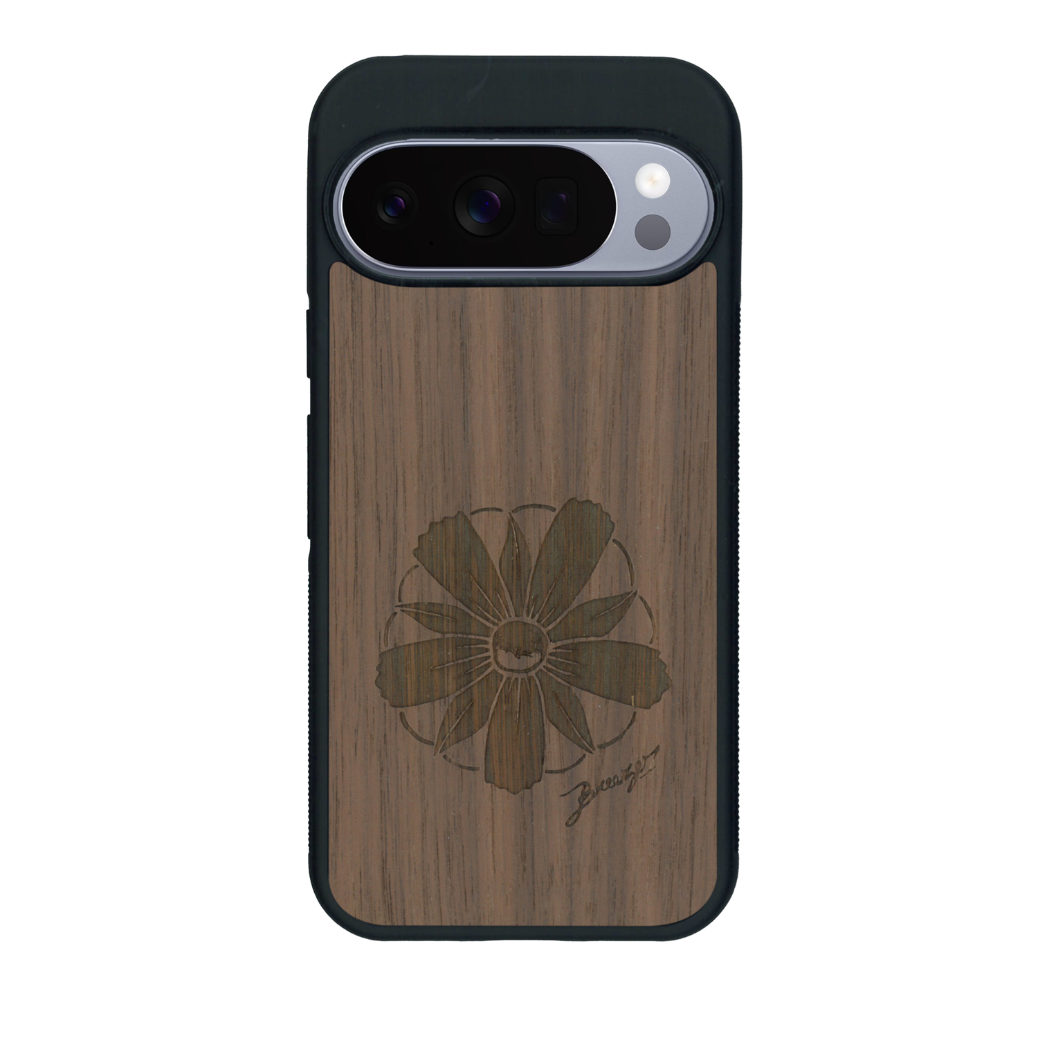 Coque de protection en bois véritable fabriquée en France pour Google Pixel 10 Pro sur le thème des fleurs et de la montagne avec un motif de gravure représentant les pétales d'une fleur des montagnes