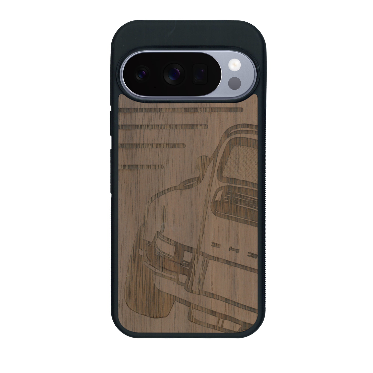 Coque de protection en bois véritable fabriquée en France pour Google Pixel 10 Pro sur le thème de l'automobile avec une authentique Porsche
