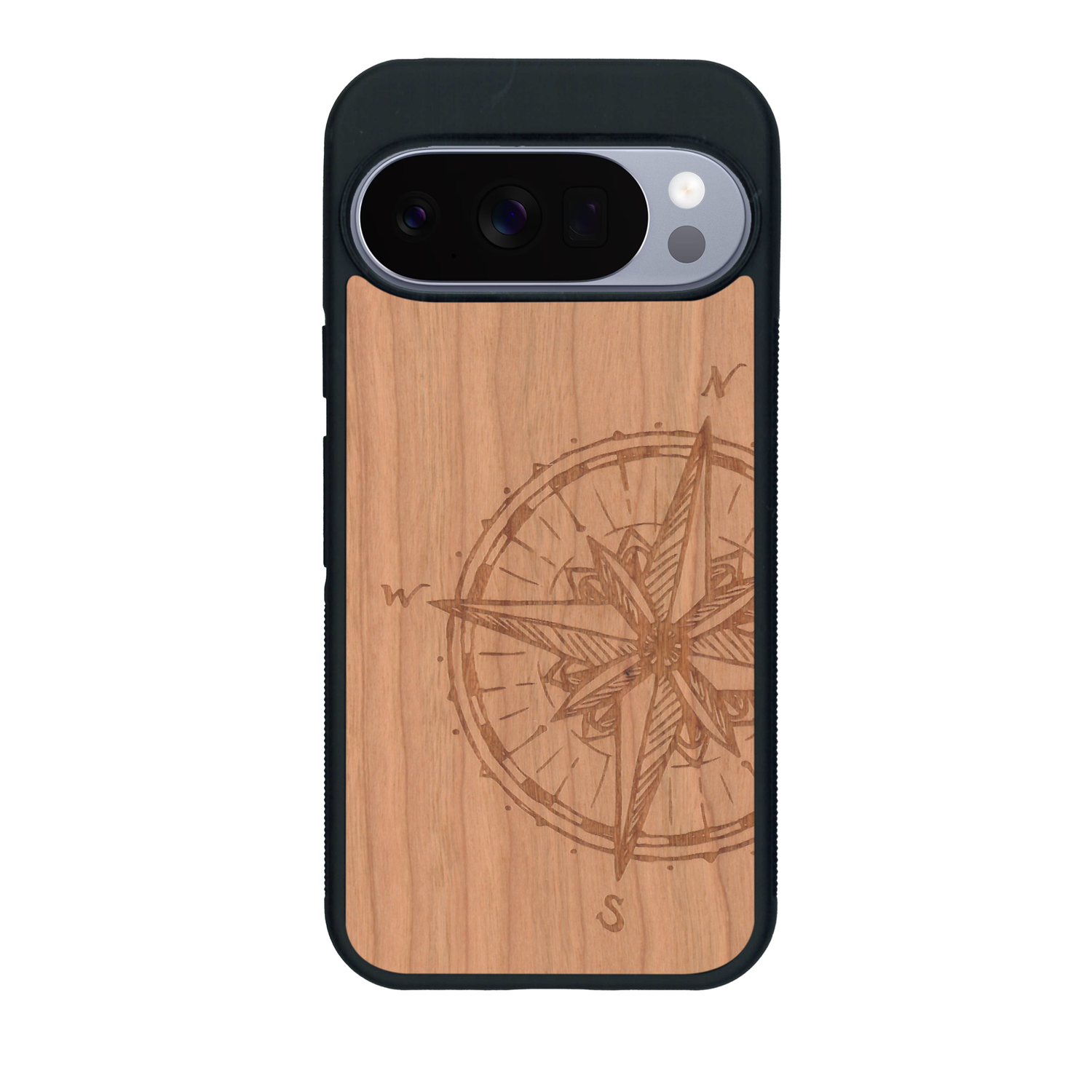 Coque de protection en bois véritable fabriquée en France pour Google Pixel 10 Pro avec une gravure "rose des vents" sur le thème nautique et de l'océan qui s'inspire des boussoles de pirate