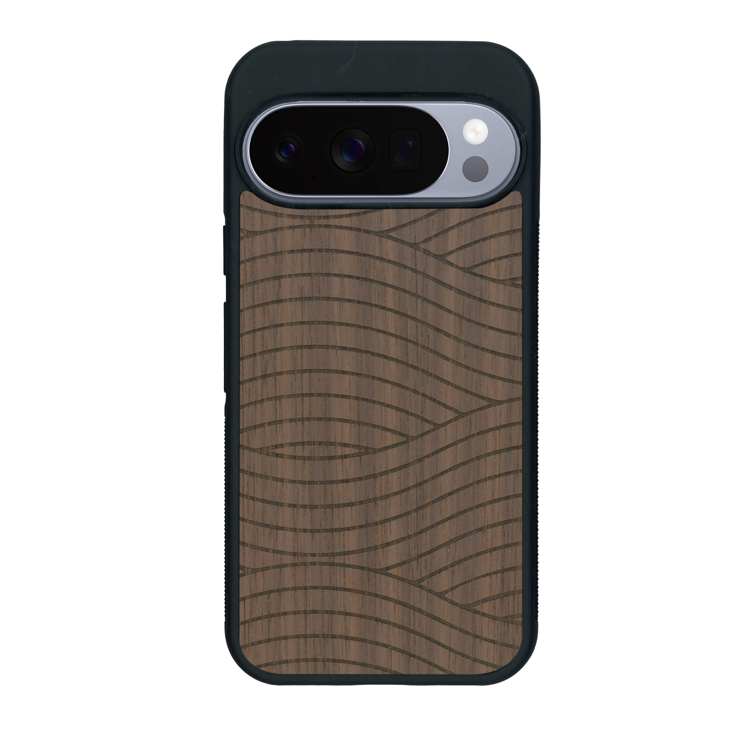 Coque de protection en bois véritable fabriquée en France pour Google Pixel 10 Pro avec un motif moderne et minimaliste sur le thème waves et wavy représentant les vagues de l'océan
