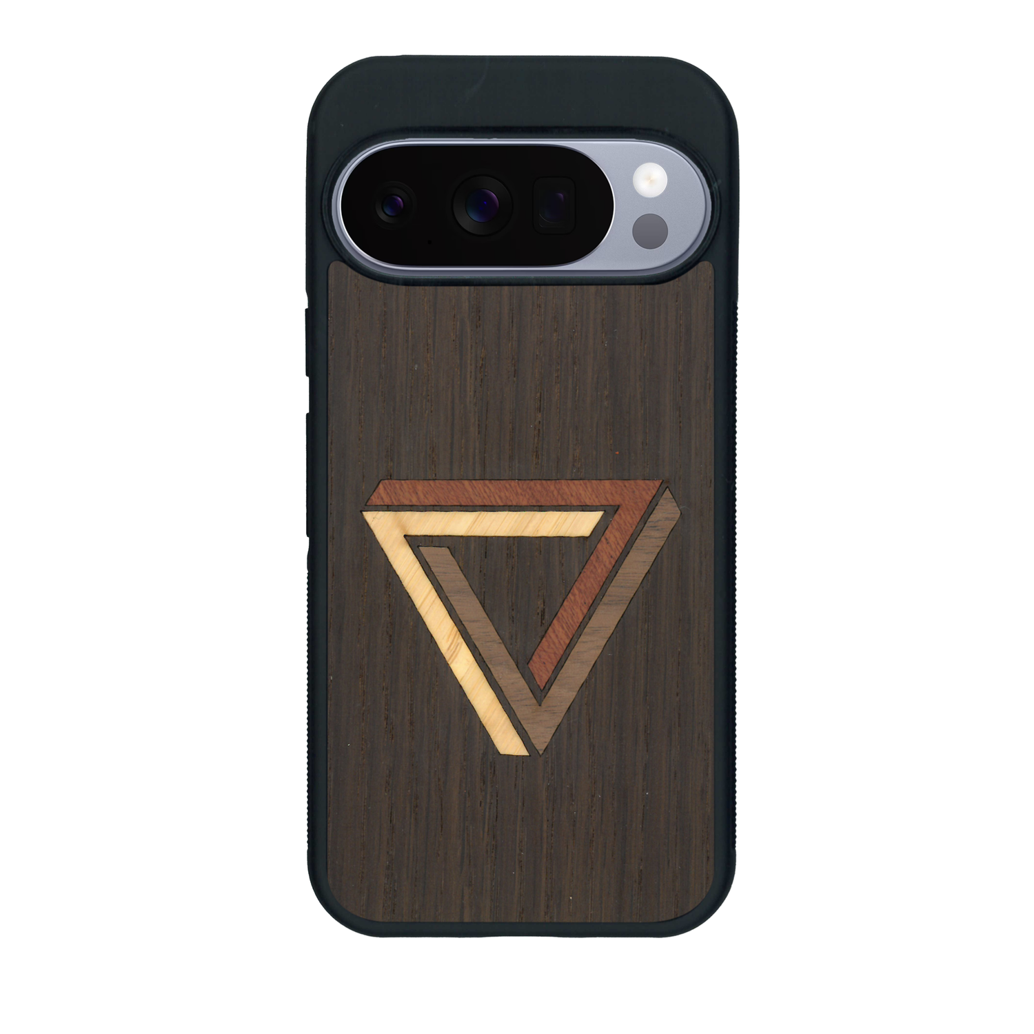 Coque de protection en bois véritable fabriquée en France pour Google Pixel 10 Pro sur le thème de l'art géométrique qui allie du chêne fumé, du noyer, du bambou et du padouk représentant le triangle de penrose
