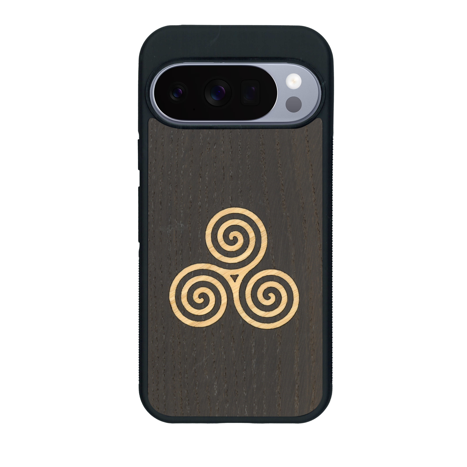 Coque de protection en bois véritable fabriquée en France pour Google Pixel 10 Pro alliant du chêne fumé et du bambou et doré représentant un triskell