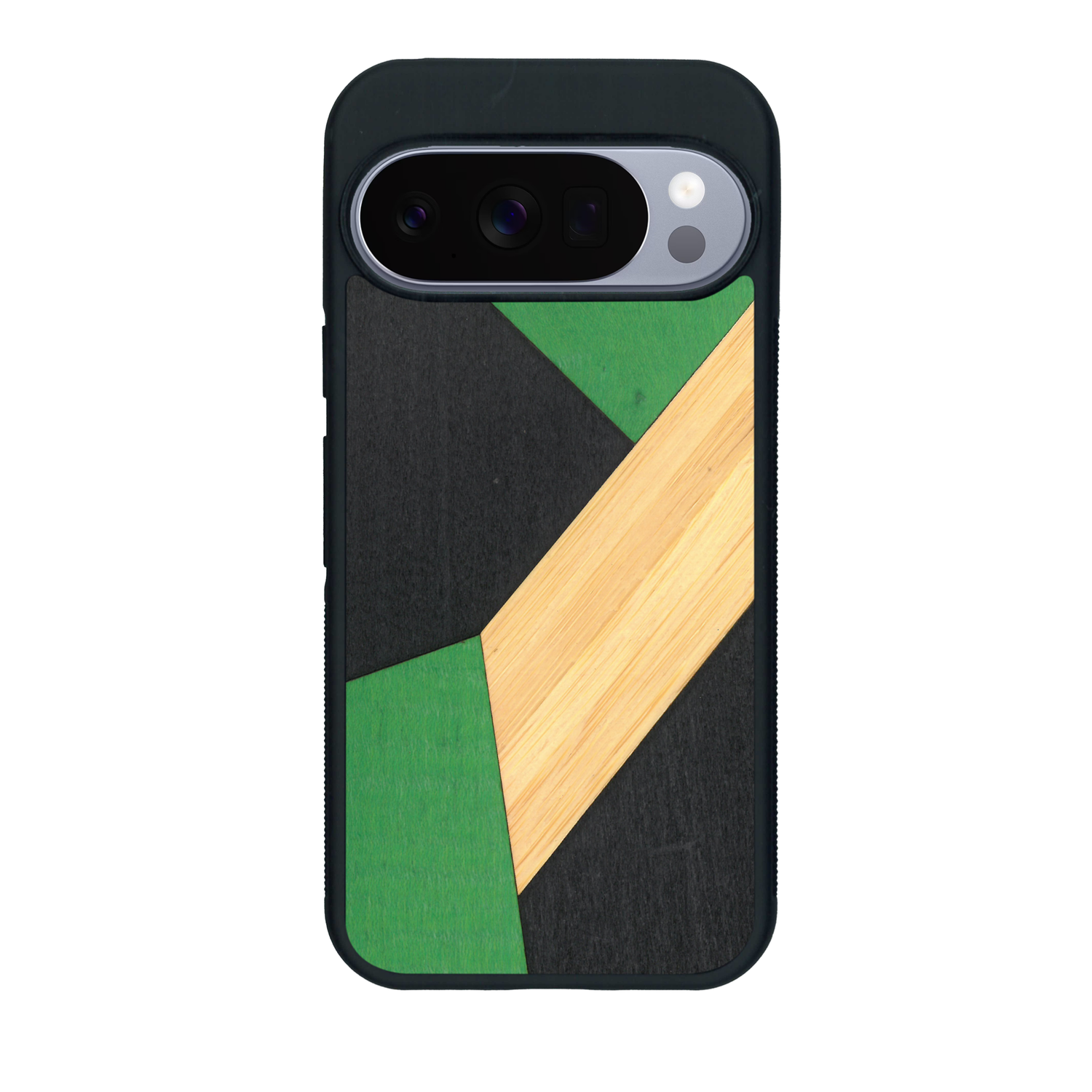 Coque de protection en bois véritable fabriquée en France pour Google Pixel 10 Pro alliant du bambou, du tulipier vert et noir en forme de mosaïque minimaliste sur le thème de l'art abstrait