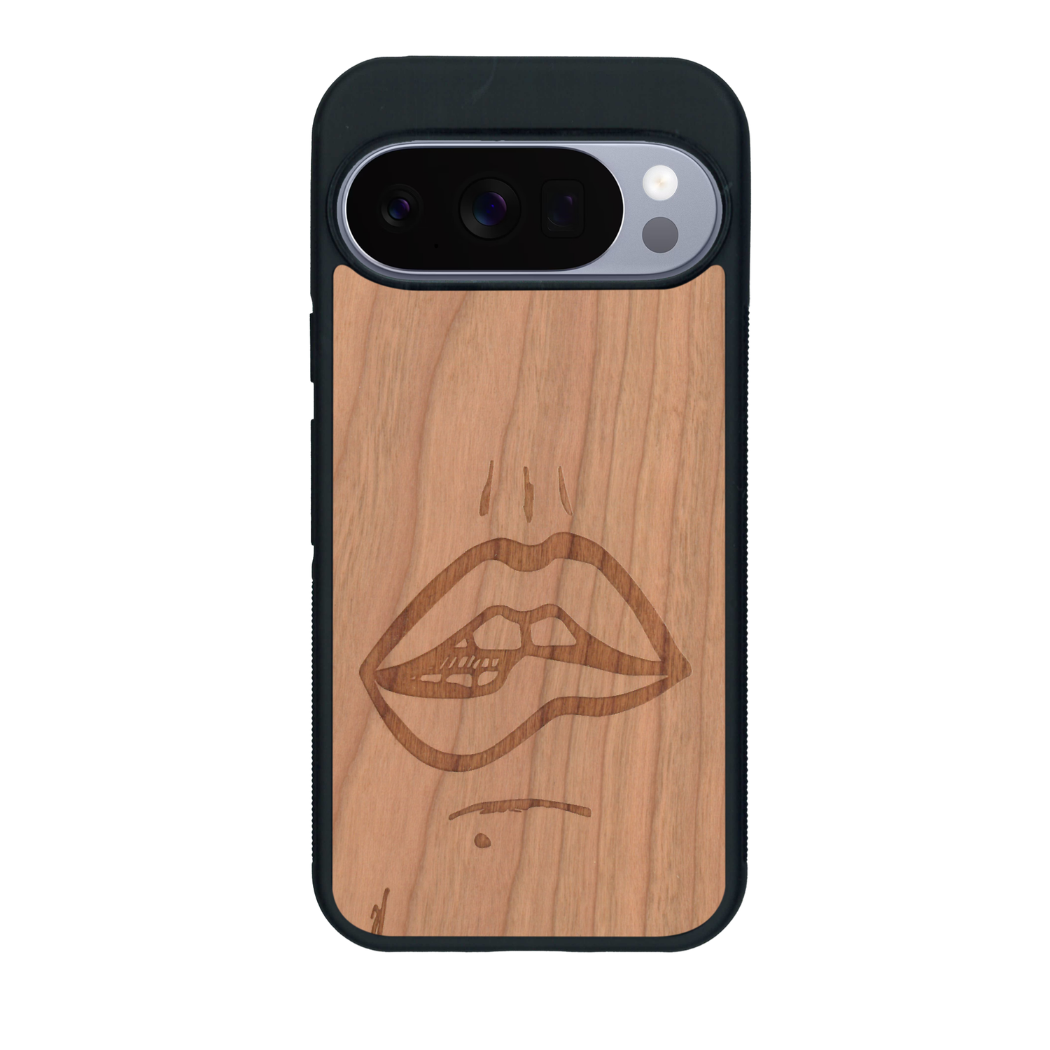 Coque de protection en bois véritable fabriquée en France pour Google Pixel 10 Pro représentant de manière minimaliste une bouche de féminine se mordant le coin de la lèvre de manière sensuelle dessinée à la main par l'artiste Maud Dabs
