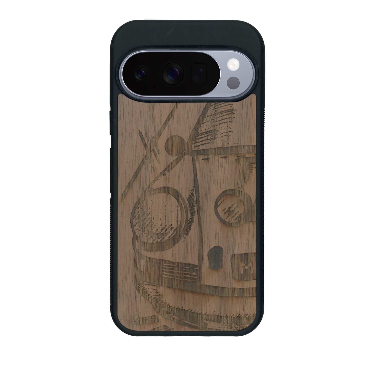 Coque de protection en bois véritable fabriquée en France pour Google Pixel 10 Pro XL sur le thème de l'automobile avec une authentique Porsche