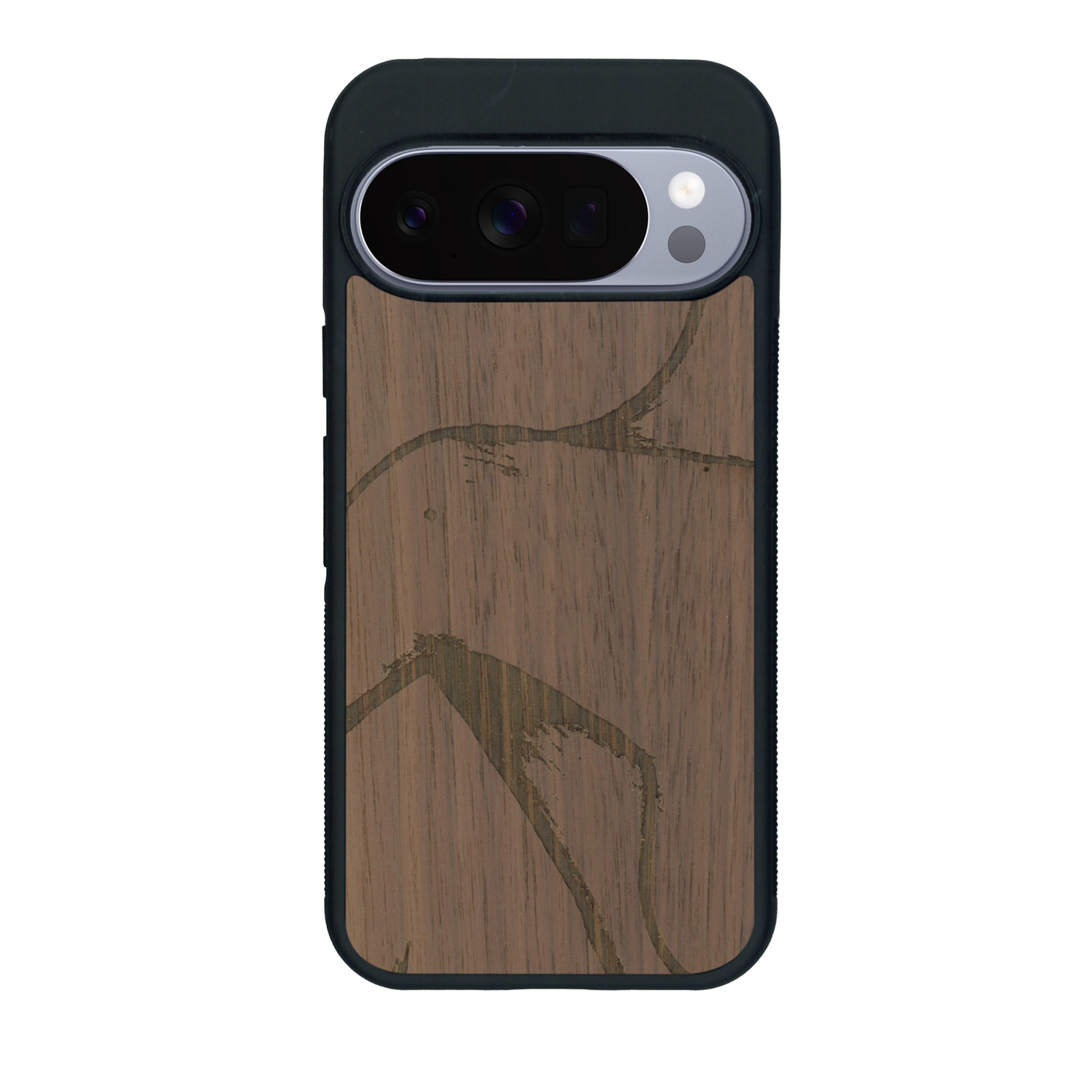 Coque de protection en bois véritable fabriquée en France pour Google Pixel 10 Pro XL représentant une silhouette féminine dessinée à la main par l'artiste Maud Dabs