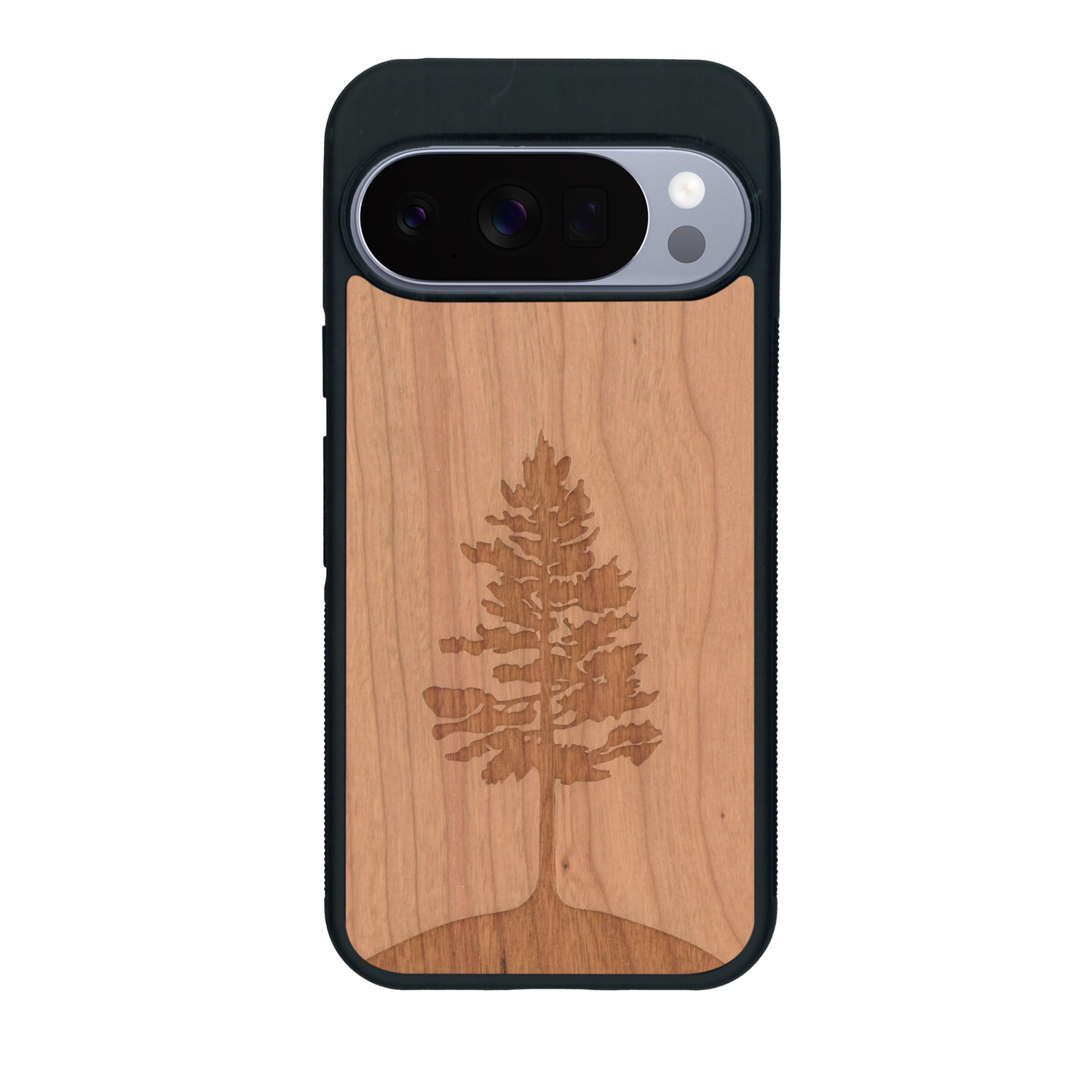Coque de protection en bois véritable fabriquée en France pour Google Pixel 10 Pro XL sur le thème de la nature, de la fôret et de l'écoresponsabilité avec une gravure représentant un arbre