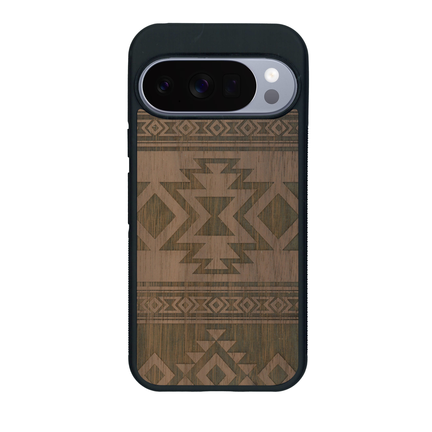 Coque de protection en bois véritable fabriquée en France pour Google Pixel 10 Pro XL avec des motifs géométriques s'inspirant des temples aztèques, mayas et incas