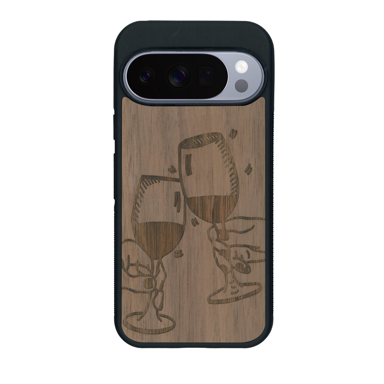 Coque de protection en bois véritable fabriquée en France pour Google Pixel 10 représentant une vue de face d'une flute de champagne dessinée à la main par l'artiste Maud Dabs
