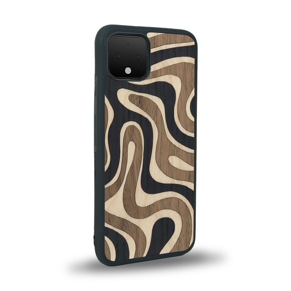 Coque de protection en bois véritable fabriquée en France pour Google Pixel 4 alliant plusieurs essences de bois pour représenter une ondulation