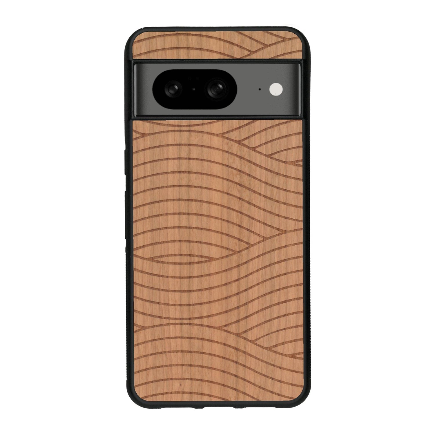 Coque de protection en bois véritable fabriquée en France pour Google Pixel 7A avec un motif moderne et minimaliste sur le thème waves et wavy représentant les vagues de l'océan