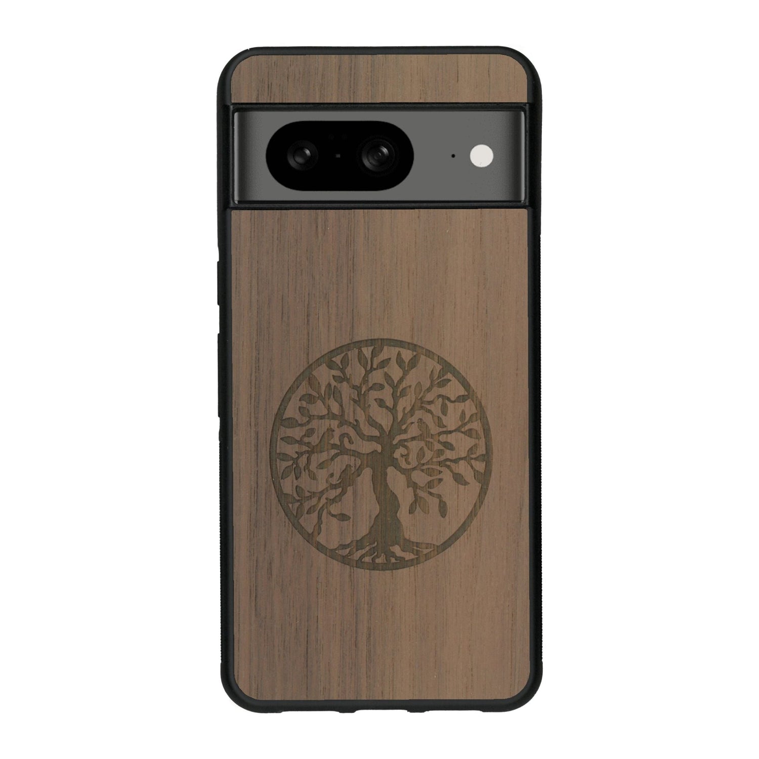 Coque de protection en bois véritable fabriquée en France pour Google Pixel 7A sur le thème de la spiritualité et du yoga avec une gravure zen représentant un arbre de vie