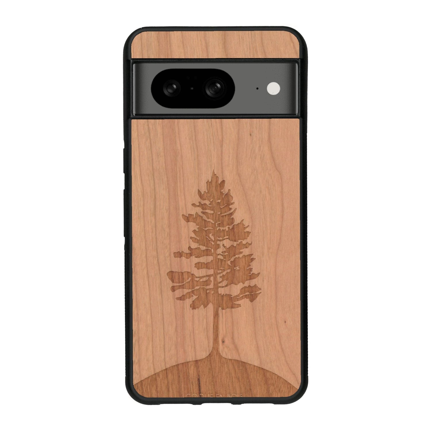 Coque de protection en bois véritable fabriquée en France pour Google Pixel 7A sur le thème de la nature, de la fôret et de l'écoresponsabilité avec une gravure représentant un arbre