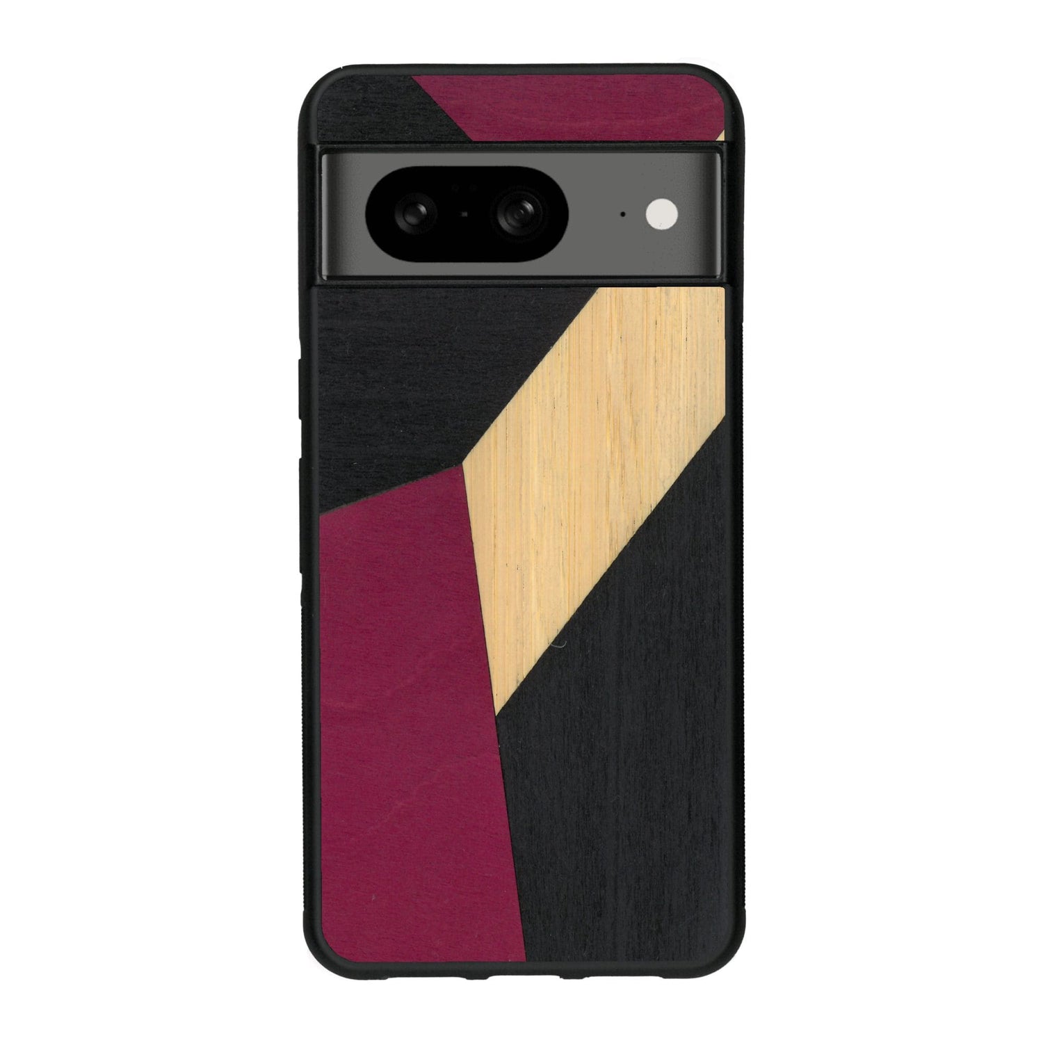 Coque de protection en bois véritable fabriquée en France pour Google Pixel 7A alliant du bambou, du tulipier rose et noir en forme de mosaïque minimaliste sur le thème de l'art abstrait