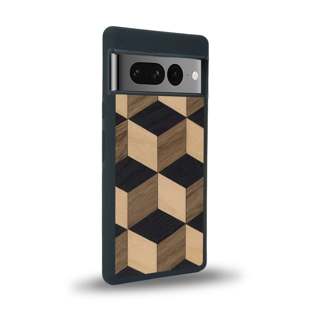 Coque de protection en bois véritable fabriquée en France pour Google Pixel 7pro alliant plusieurs essences de bois pour représenter un classique intemporel de la marqueterie