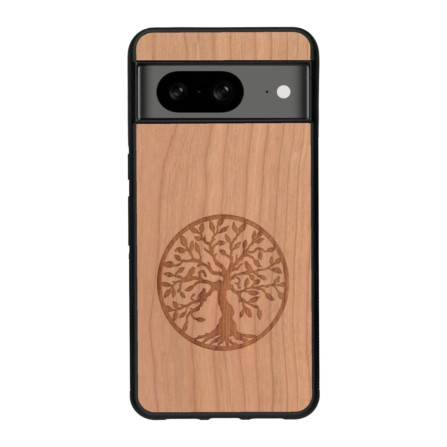 Coque de protection en bois véritable fabriquée en France pour Google Pixel 8 sur le thème de la spiritualité et du yoga avec une gravure zen représentant un arbre de vie