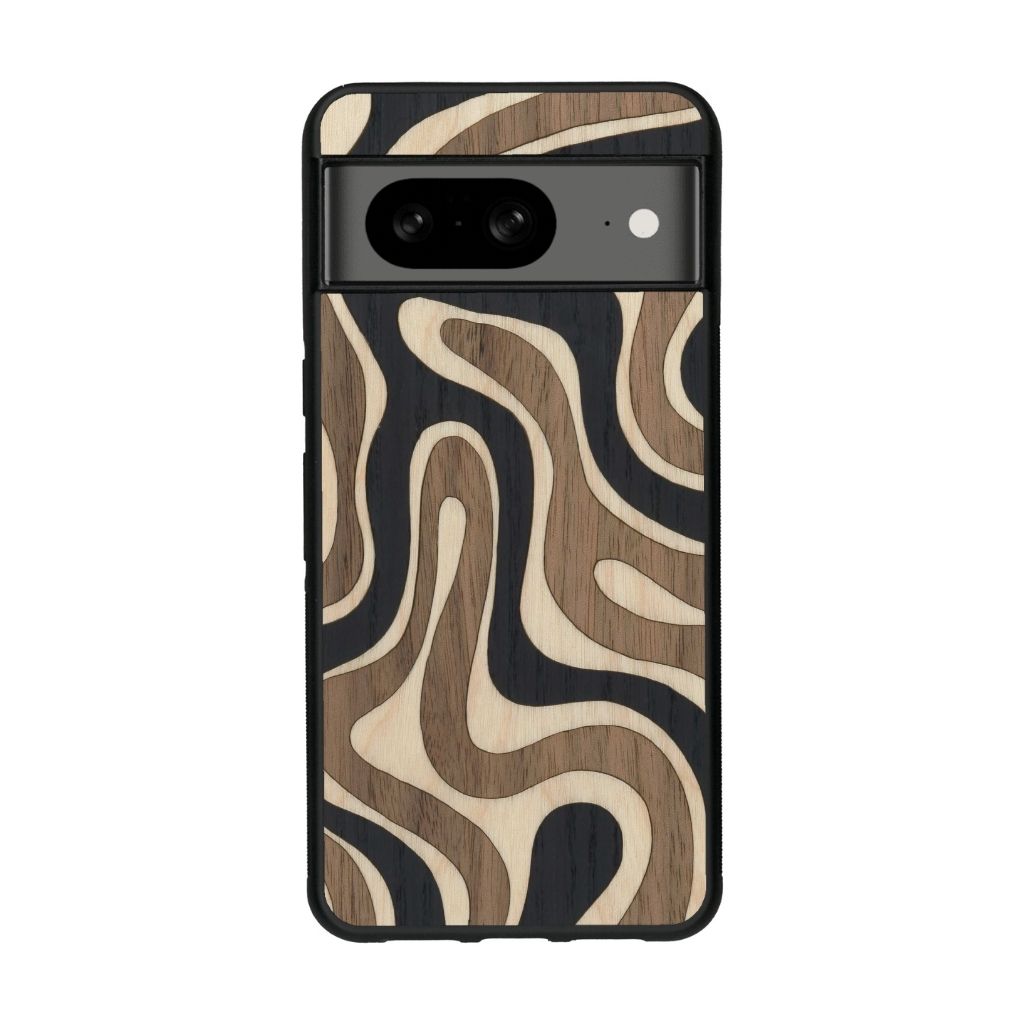 Coque de protection en bois véritable fabriquée en France pour Google Pixel 8 alliant plusieurs essences de bois pour représenter une ondulation