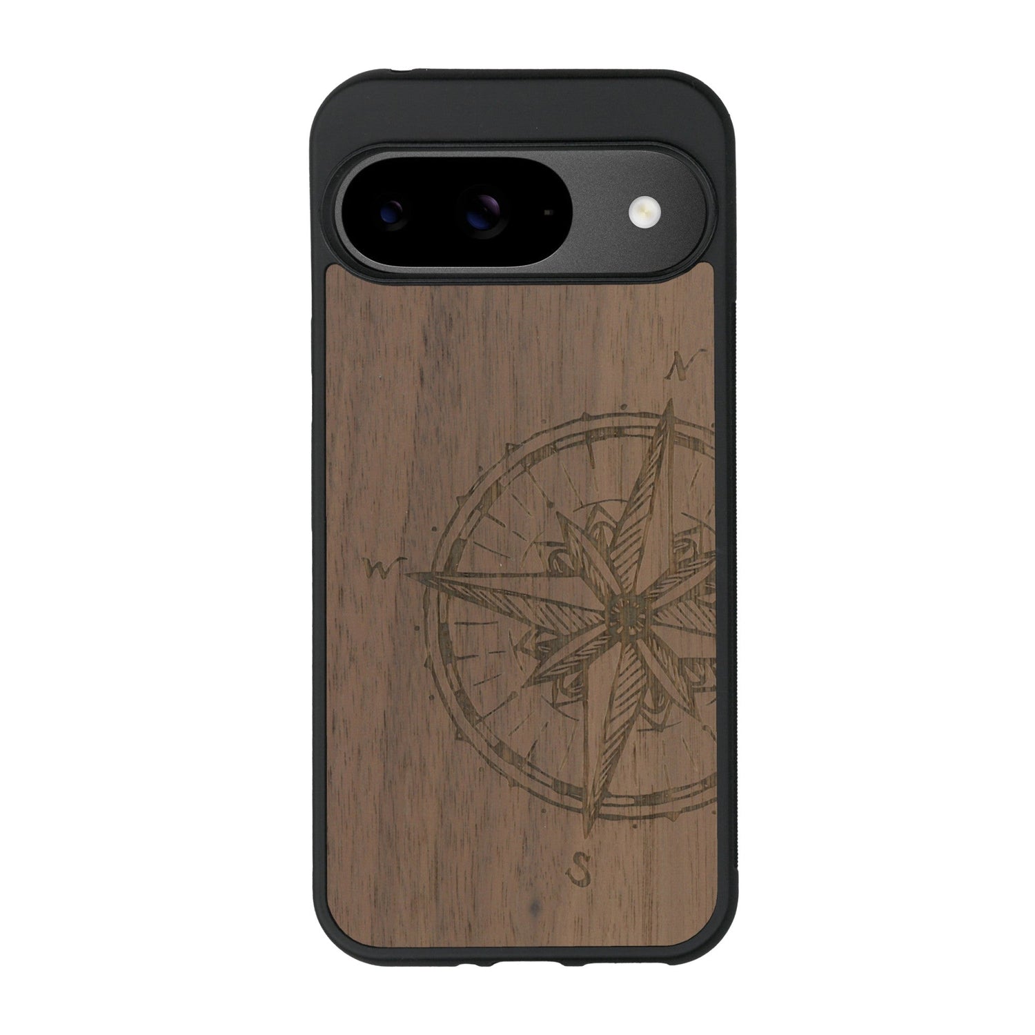 Coque de protection en bois véritable fabriquée en France pour Google Pixel 8pro avec une gravure "rose des vents" sur le thème nautique et de l'océan qui s'inspire des boussoles de pirate