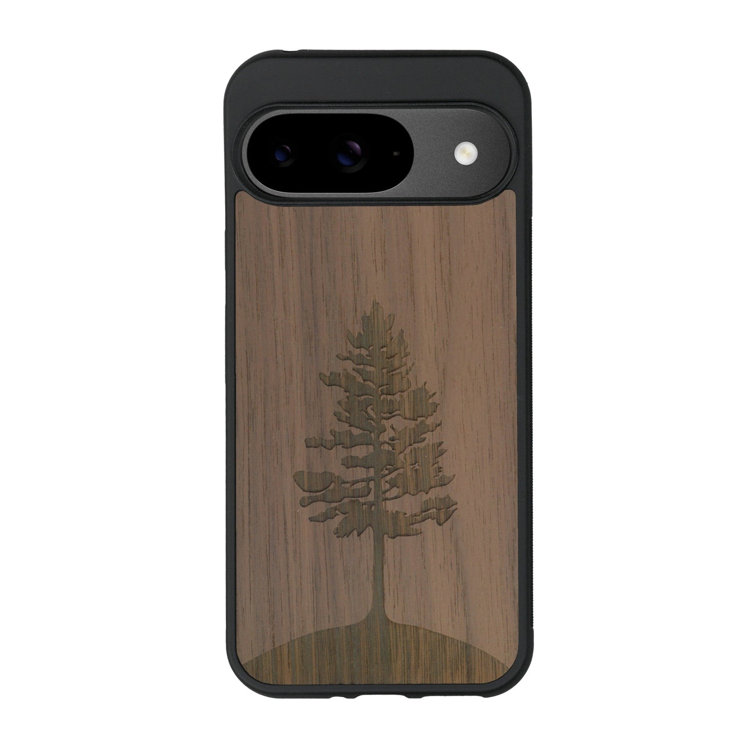 Coque de protection en bois véritable fabriquée en France pour Google Pixel 8pro sur le thème de la nature, de la fôret et de l'écoresponsabilité avec une gravure représentant un arbre