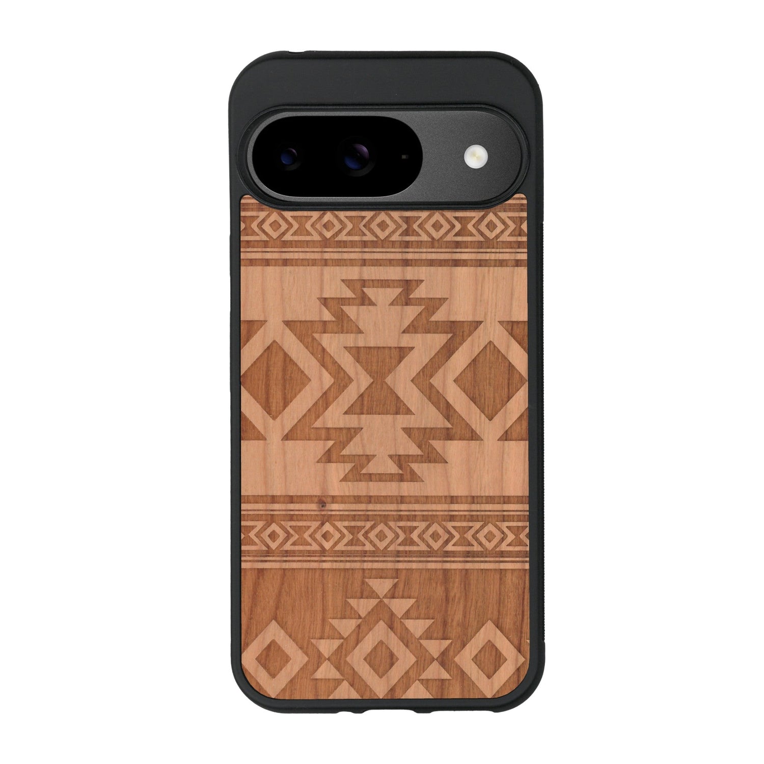 Coque de protection en bois véritable fabriquée en France pour Google Pixel 8pro avec des motifs géométriques s'inspirant des temples aztèques, mayas et incas