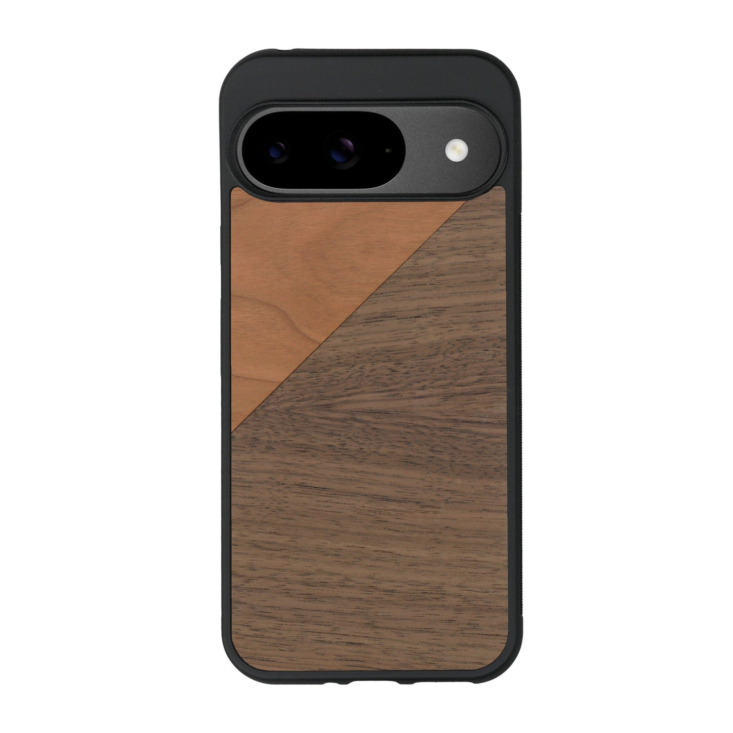 Coque de protection en bois véritable fabriquée en France pour Google Pixel 8pro alliant du merisier et du noyer formant chacun un triangle avec une jointure en diagonale sur le thème de l'art abstrait