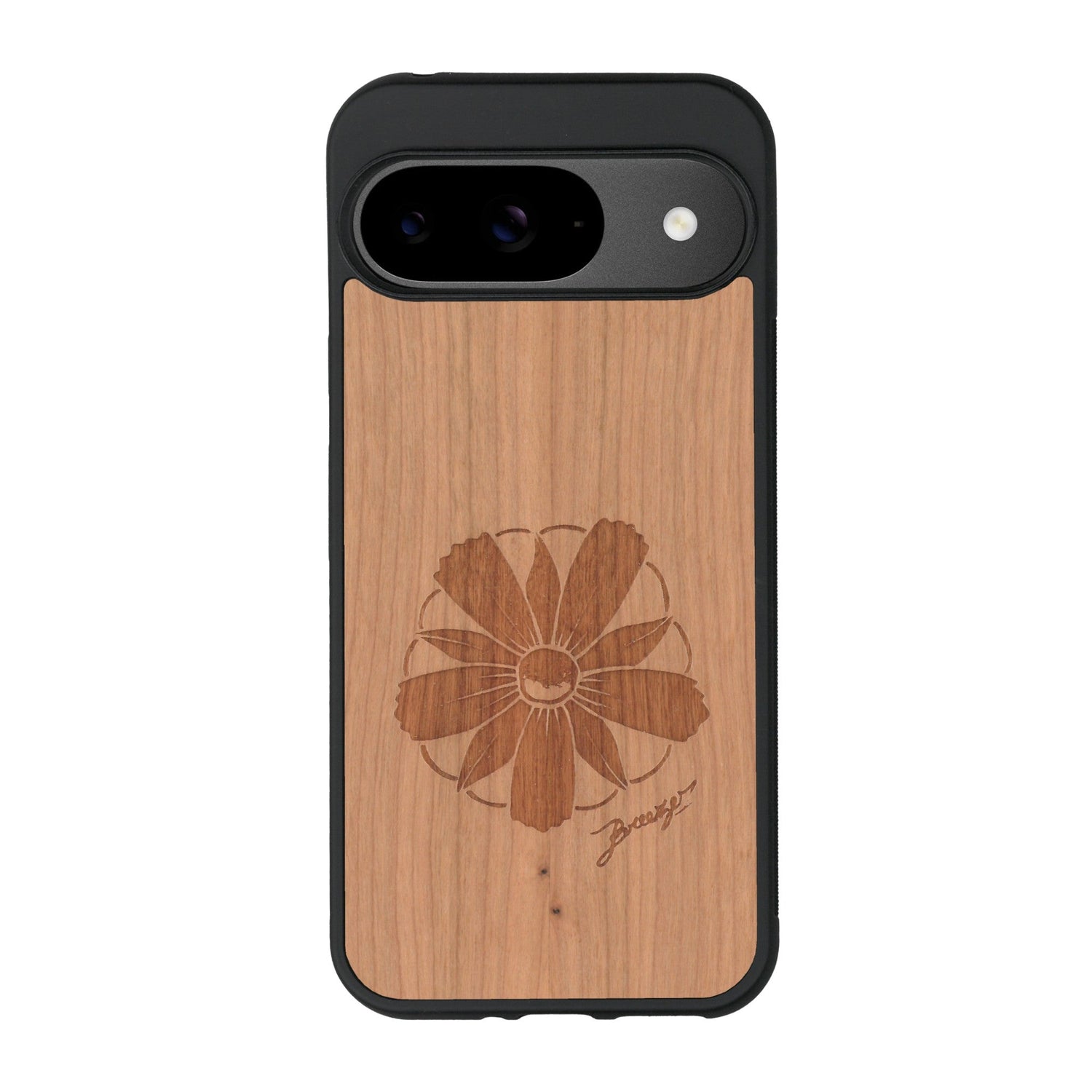 Coque de protection en bois véritable fabriquée en France pour Google Pixel 9 Pro sur le thème des fleurs et de la montagne avec un motif de gravure représentant les pétales d'une fleur des montagnes