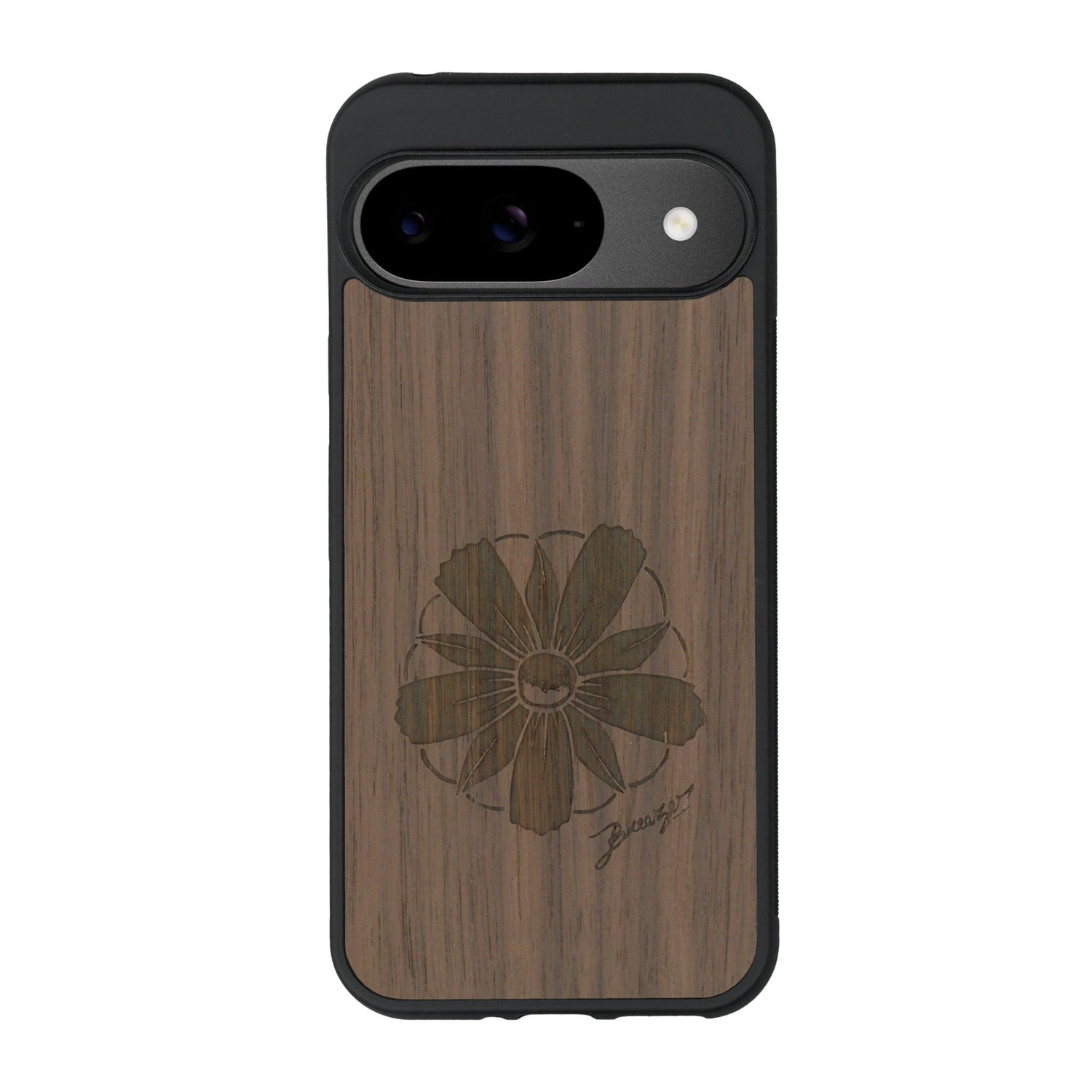 Coque de protection en bois véritable fabriquée en France pour Google Pixel 9 Pro sur le thème des fleurs et de la montagne avec un motif de gravure représentant les pétales d'une fleur des montagnes