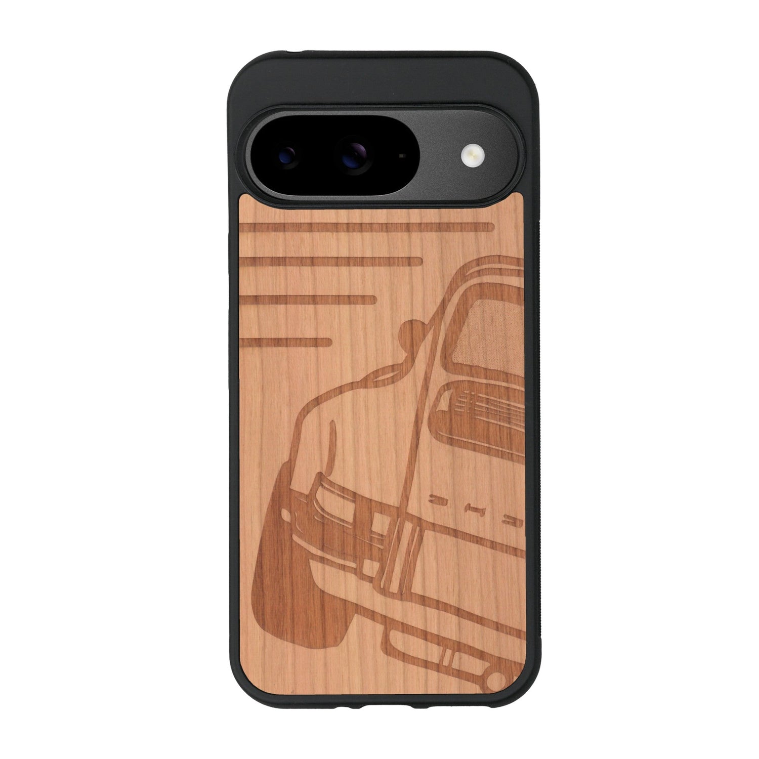 Coque de protection en bois véritable fabriquée en France pour Google Pixel 9 Pro sur le thème de l'automobile avec une authentique Porsche