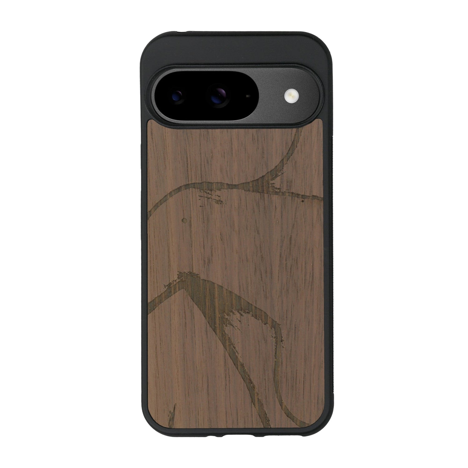 Coque de protection en bois véritable fabriquée en France pour Google Pixel 9 Pro représentant une silhouette féminine dessinée à la main par l'artiste Maud Dabs