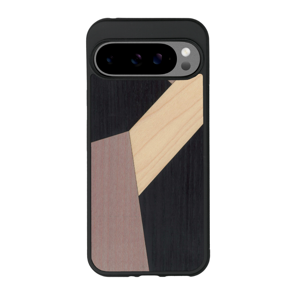 Coque de protection en bois véritable fabriquée en France pour Google Pixel 9 Pro alliant du bambou, du tulipier mauve et noir en forme de mosaïque minimaliste sur le thème de l'art abstrait
