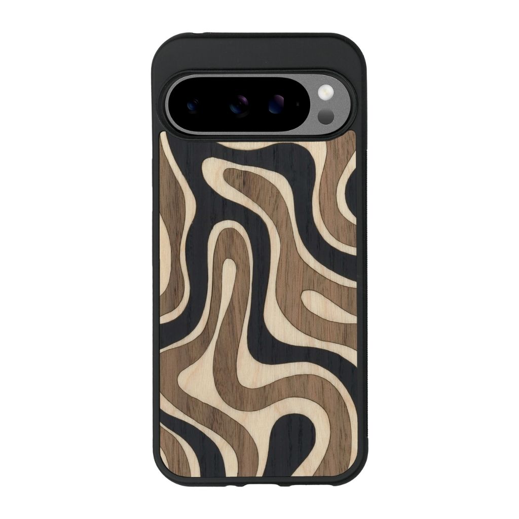 Coque de protection en bois véritable fabriquée en France pour Google Pixel 9 Pro XL alliant plusieurs essences de bois pour représenter une ondulation