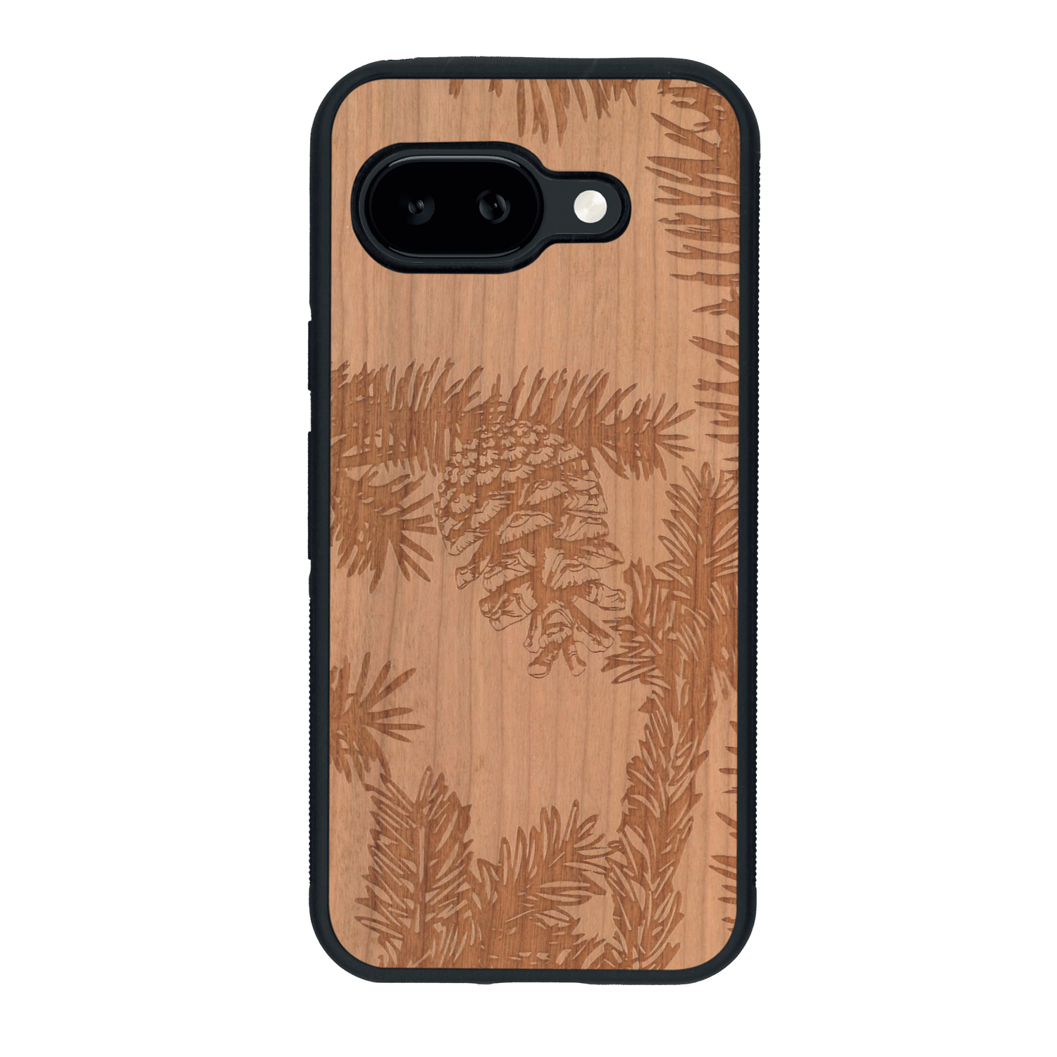 Coque de protection en bois véritable fabriquée en France pour Google Pixel 9A sur le thème de la nature des arbres avec un motif de gravure représentant des épines de sapin et des pommes de pin