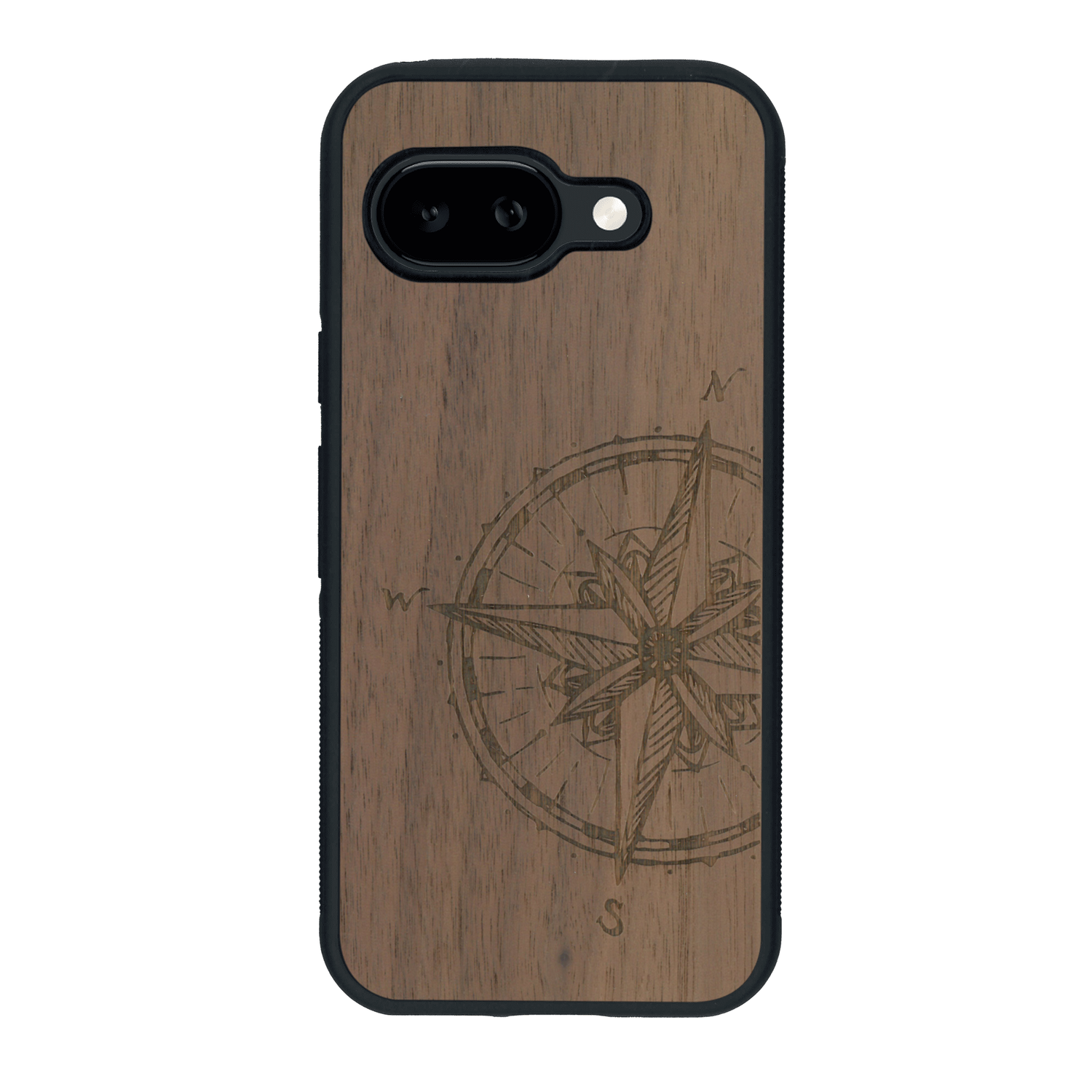 Coque de protection en bois véritable fabriquée en France pour Google Pixel 9A avec une gravure "rose des vents" sur le thème nautique et de l'océan qui s'inspire des boussoles de pirate