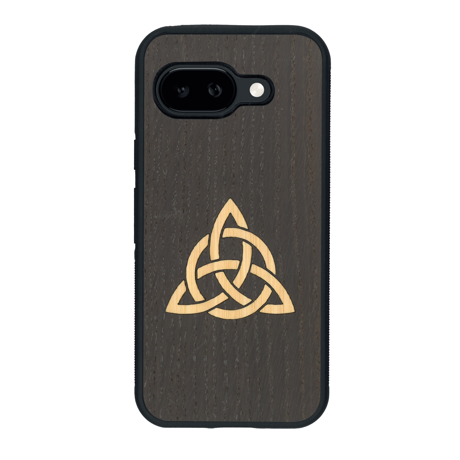 Coque de protection en bois véritable fabriquée en France pour Google Pixel 9A alliant du chêne fumé et du bambou représentant une triquetra