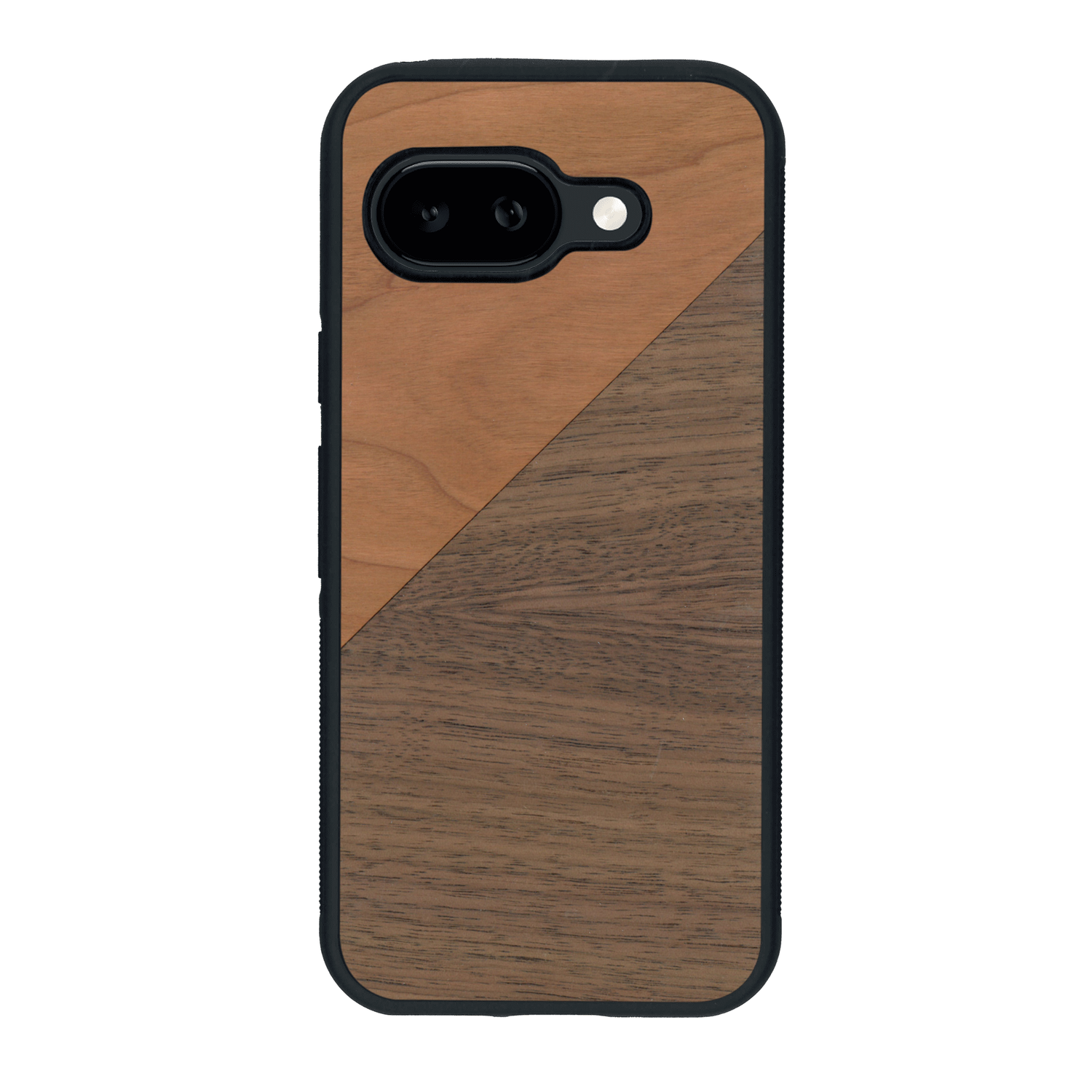 Coque de protection en bois véritable fabriquée en France pour Google Pixel 9A alliant du merisier et du noyer formant chacun un triangle avec une jointure en diagonale sur le thème de l'art abstrait