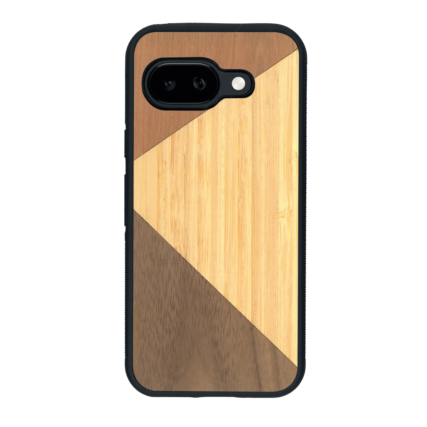 Coque de protection en bois véritable fabriquée en France pour Google Pixel 9A alliant du merisier, du noyer et du bambou formant chacun deux triangles et un trapèze avec deux jointures en diagonale sur le thème de l'art abstrait